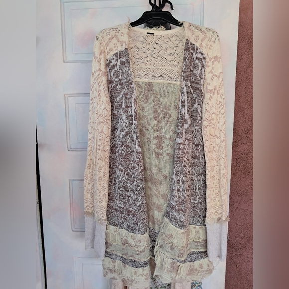 Free People Long Lace Trim Cardigan- Cream W/ Distressed Edges & Floral Ruffles! - Picture 1 of 10